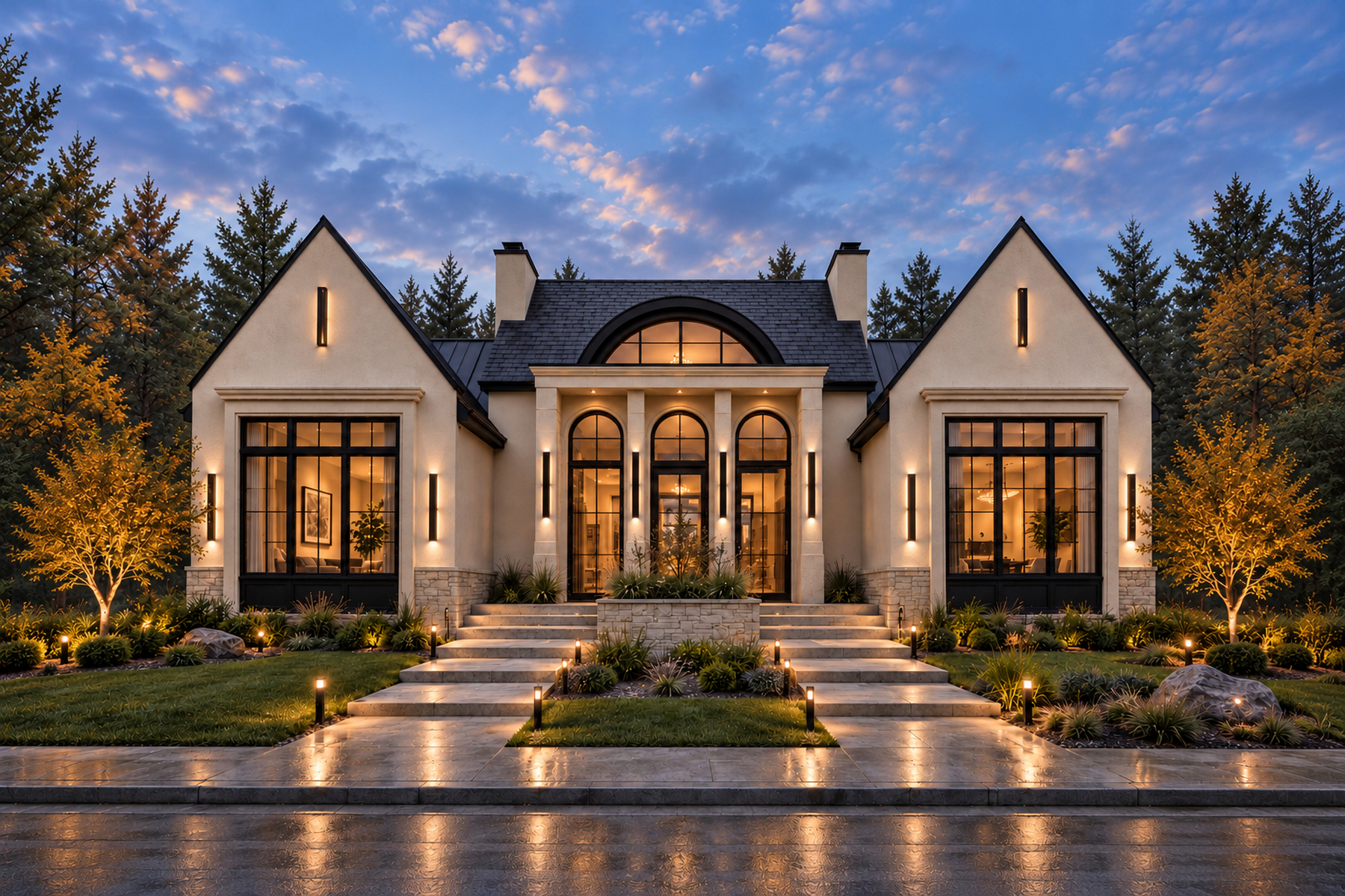 Architectural rendering of 47 Langton Drive SW, a luxury bungalow with twin gables and an illuminated arched entrance